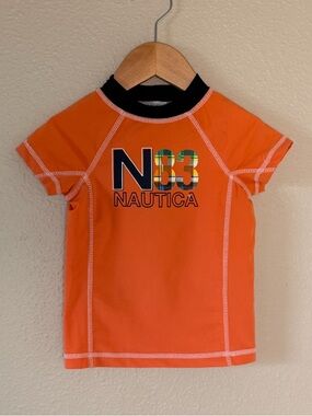 Nautica Kids Orange Short-Sleeve Rash Guard with Black Collar